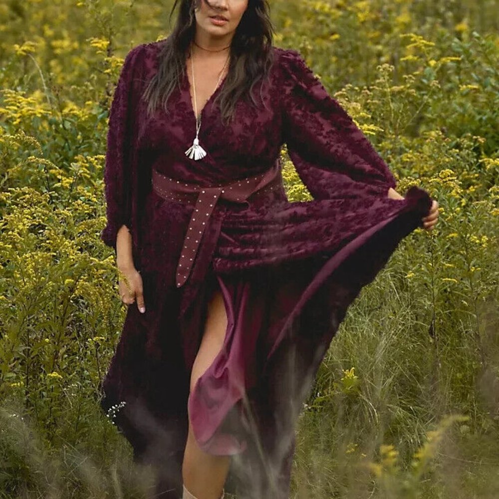 Anthropologie 1X NWT Rosa Floral Wrap Maxi Dress Textiured Wine Burgundy